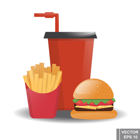 Food. Cheeseburger. Cola. French fries. Fast foodのイラスト素材