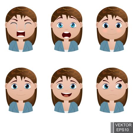 Young girl. Face. Different emotions. Anger, joy, laughter, sadness. Avatar. Simpotichnyh. Pretty. Icon.のイラスト素材