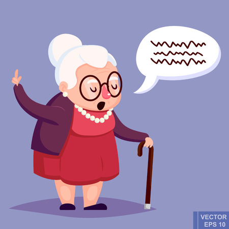 Old woman with cane. Senior lady with glasses talking. Vector illustration.のイラスト素材