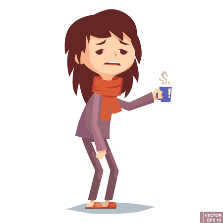 Illness girl vector illustration. Seasonal virus attack. Woman illness, people sick. Teen cold illustration. adult unwell need medical help. health vectorのイラスト素材