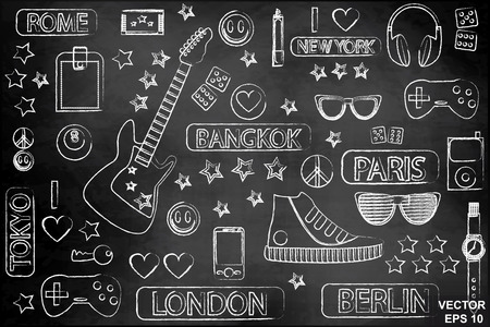 Youth set. Sneakers. Guitar. On the chalkboard. Modern. Rock.のイラスト素材