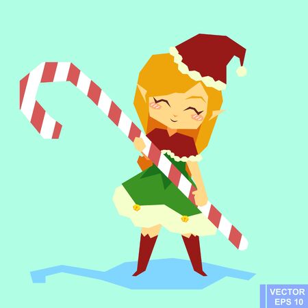 Cute cartoon Elf girl Character - Holding Candy Cane. Elf Santa Claus Santa helper preparing for christmas. Merry x-mas eps10のイラスト素材