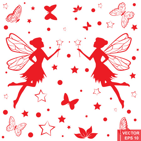 Silhouettes of fairies and butterflies. For girls. Set. Isolated on white background.のイラスト素材