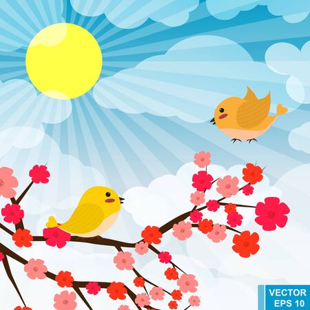 Bright spring landscape. Birds. Blooming trees. heat.のイラスト素材