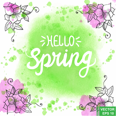 Caption Hello Spring. Green watercolor stain. Lettering. For your design.のイラスト素材
