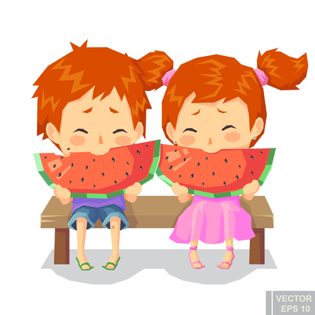 illustration of happy child boy girl twins enjoy eating watermelon in hot day with fan cartoon vector eps10.のイラスト素材