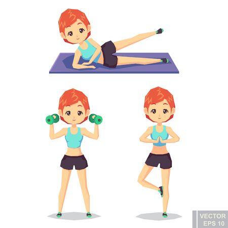Active fitness girl lifts weights and exercises. Vector character illustration in different poses in cartoon style. cartoon vector illustration eps10.のイラスト素材