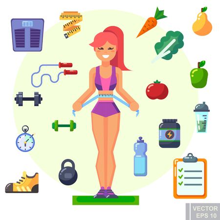 Healthy lifestyle. Vector flat icon set illustration sport running exercise gymnastic proper nutrition healthy food fruits vegetables vitamins cereals schedule eps10.のイラスト素材