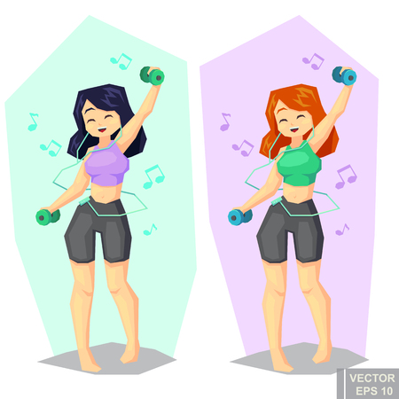 woman working out with dumbbells Music fun exercise cartoon.のイラスト素材