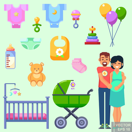 Icons toys cloth and accessories set for baby girl boy. with happy Parents Flat Vector Illustration eps10のイラスト素材