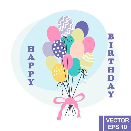 Happy birthday bunch of colorful helium baloons with ribbon. Vector illustration.のイラスト素材