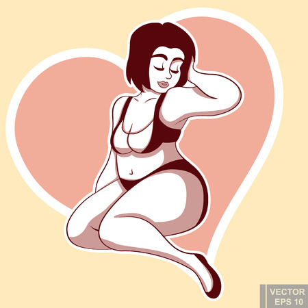 Cute white black chubby plus size plump girl in a swimsuit in sexy pose, beautiful woman posing. clip-art cartoon vector illustration eps10のイラスト素材