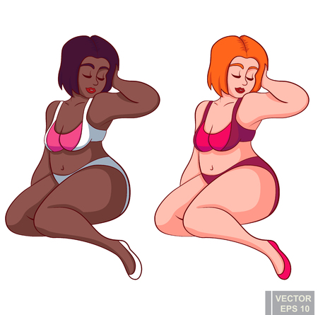 Cute white dark skin black chubby plus size plump girl in a swimsuit in sexy pose, beautiful woman posing. clip-art cartoon vector illustration eps10のイラスト素材