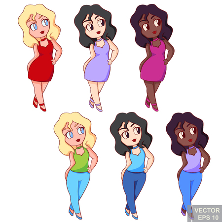 Cute multinational chubby plus size plump girls in dress and casual top jeans, beautiful woman posing. clip-art cartoon vector illustration eps10のイラスト素材