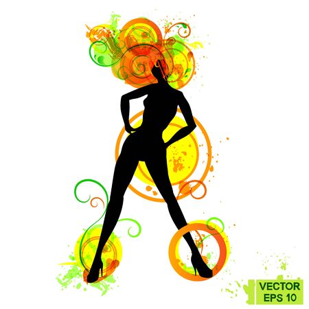 Vector illustration. Seductive feminine silhouette. Black elegant woman silhouette and color abstractionのイラスト素材