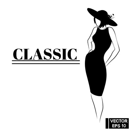 Vector Image. Graceful female silhouette in a classic black dress and hat. Woman in little black dressのイラスト素材