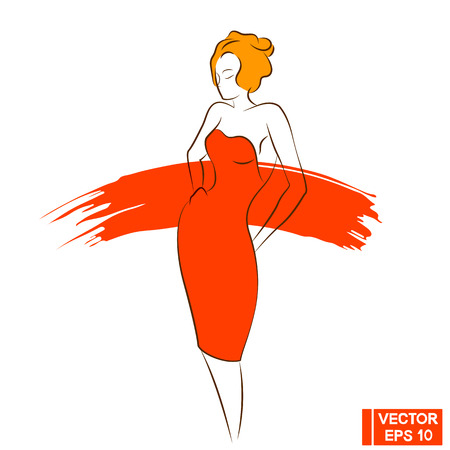 Vector Image. Seductive female silhouette in a red dress. A woman in a red dressのイラスト素材