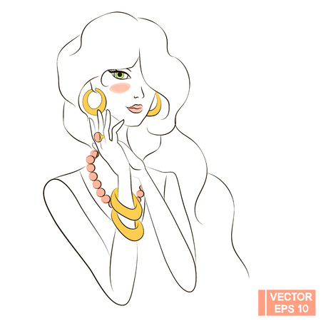 Vector Image. Lovely girl in jewelry. Elegant woman in jewelry modelのイラスト素材