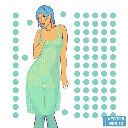 Beautiful girl in a blue nightgown. Sexy woman in 
transparent underwearのイラスト素材