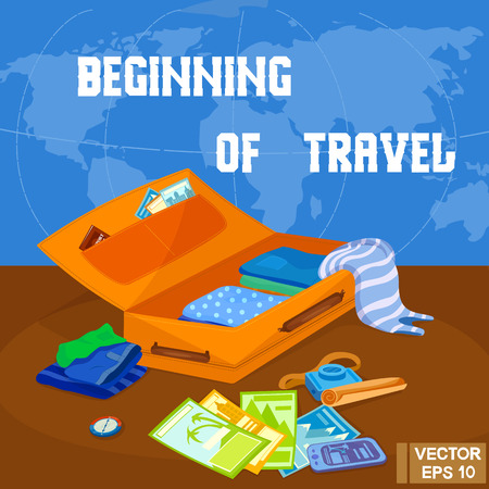 Vector illustration. Going on a trip. Collect the suitcase on the road. Beginning of travel. Start your journeyのイラスト素材