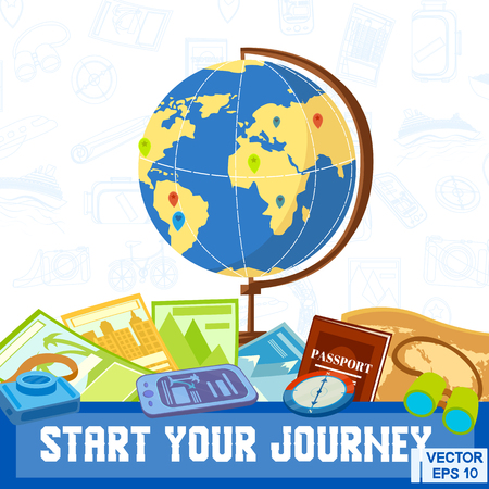 Vector illustration. Globe compass, travel. Start your journey. Beginning of travelのイラスト素材