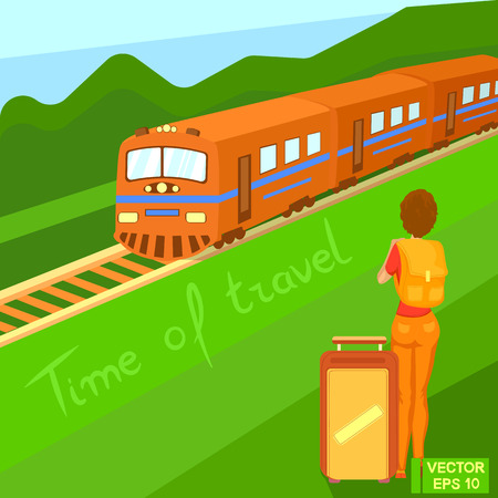 Vector illustration. A girl with a suitcase is waiting on the platform. The train arrives. Traveling by trainのイラスト素材