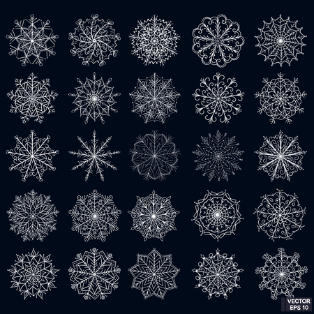 Vector image. A set of hand-drawn snowflakes. Beautiful openwork snowflakes on a dark backgroundのイラスト素材