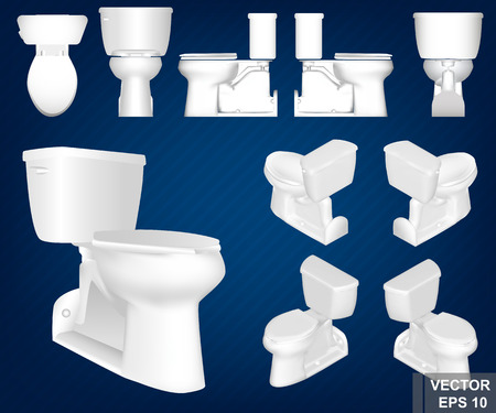 A set of toilet bowls from different sides. Realistic. White. Interior. For your design.のイラスト素材