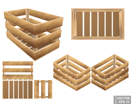 Set of wooden box. For fruits and vegetables. Texture. Isolated on white background.のイラスト素材