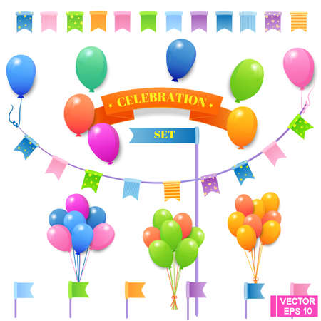 Vector image. Set of bright festive elements. Beautiful balloons with colored flags. Ballons and flags celebration setのイラスト素材