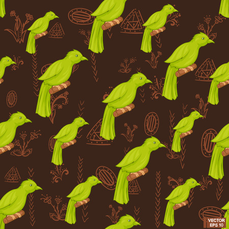 A Seamless pattern with a bird. Green bird on a dark brown background.のイラスト素材
