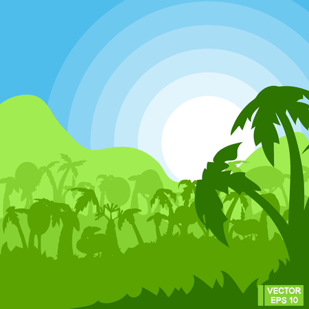 Vector image. Silhouette of a rainforest with sun and palm trees. Green exotic woods at dawn.のイラスト素材