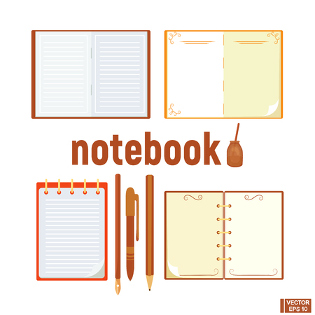 Vector image. Set of a set of notebooks. Notepad with staples, binding and rings. Writing-books and writing subjects.のイラスト素材