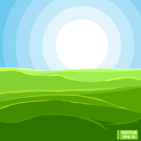 Vector image. Green meadow and sun on the horizon. Summer landscape, spacious plain.のイラスト素材