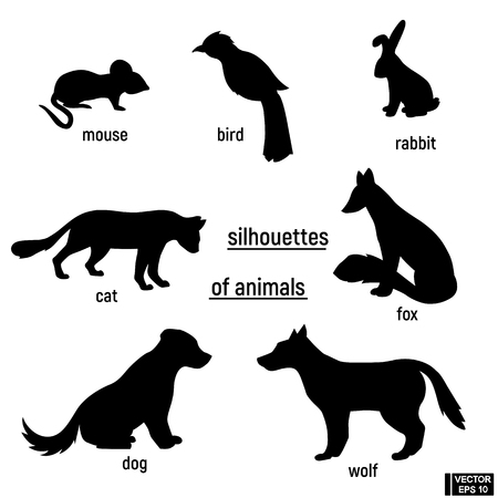 Vector image. Set of silhouettes of wild and domestic animals. Fox hare, cat, mouse, bird, dog and wolfのイラスト素材