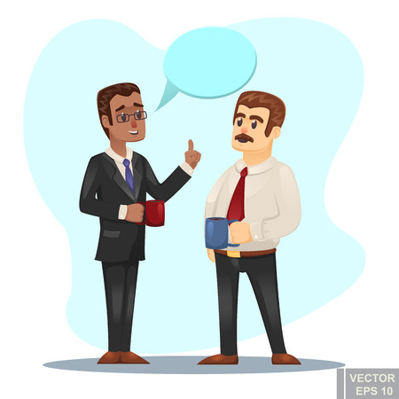 Vector cartoon Illustration of two businessmen discussing business strategy conversation between coworkers buring coffee breakのイラスト素材