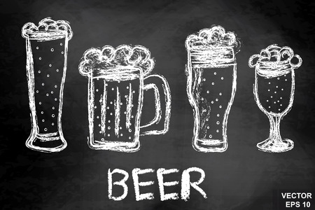 Mugs of beer on a chalkboard. Drawing. Hatch. Dark. For your design.のイラスト素材
