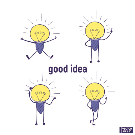 Vector image. A cartoon lamp with handles and legs set. A cute little light bulb icon of emotions, thinks, invented, rejoices, approves, thumbs up. Good idea.のイラスト素材