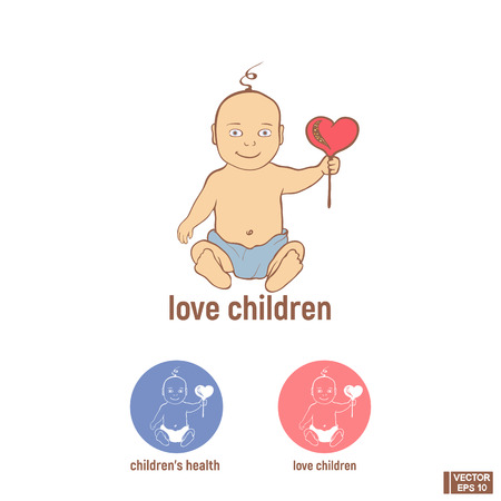 Vector image. A cute baby in a diaper with a rattle. Icon of the love children, children's health.のイラスト素材