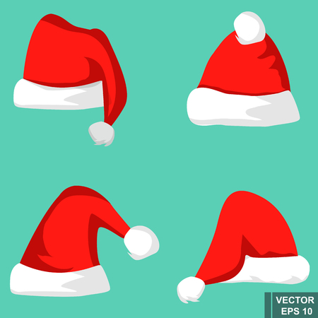Set. Red cap of Santa. New Year. Isolated on white background.のイラスト素材