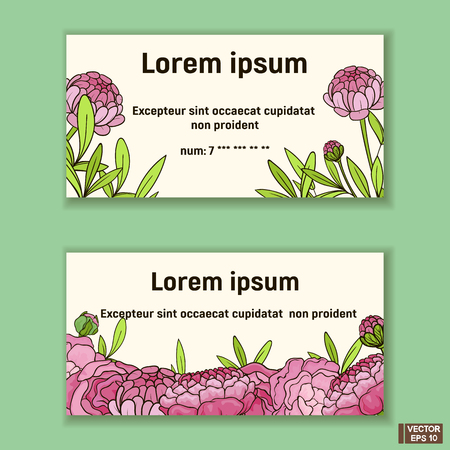 Vector image. White business cards with pink, lilac flowers. Gift certificates with flowersのイラスト素材