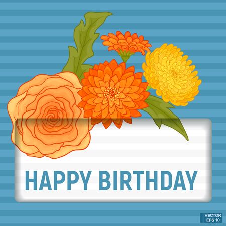 Vector image. Greeting card with a Happy Birthday. Orange flowers on a blue background.のイラスト素材