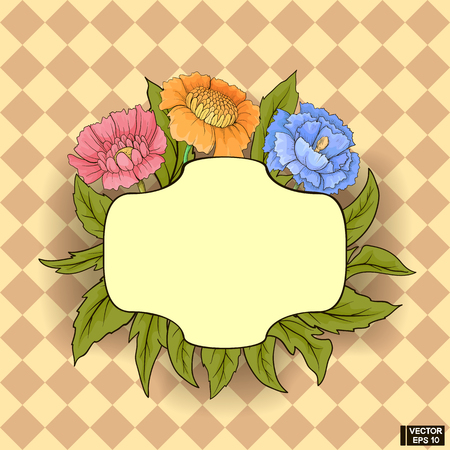 Vector image. Frame with colored flowers and green leaves. Blue, yellow and pink flowersのイラスト素材