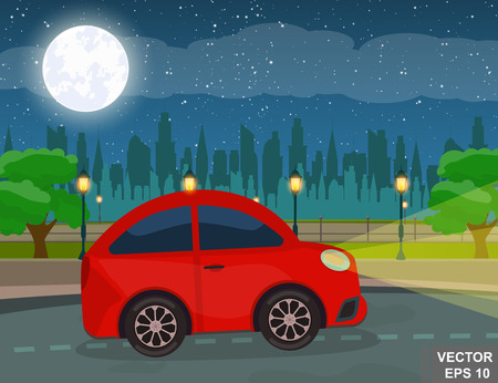 Colorful illustration of car on the road driving on the night.のイラスト素材
