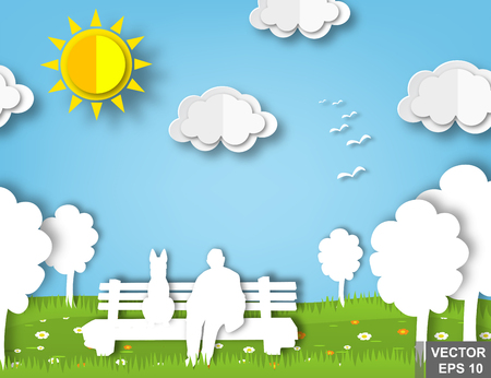 Man sitting on bench on a farm with the effect of cut out paper.のイラスト素材
