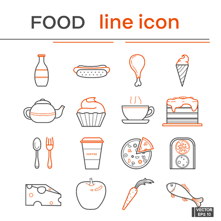 Vector image. A set of line icons on the theme of food. Black and red outline signのイラスト素材