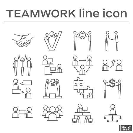 Vector image. Set of line icons on the theme of teamwork. Black and white outline sign.のイラスト素材