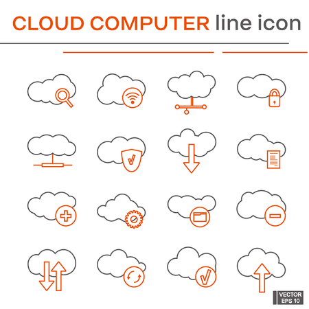 Set of line icons on the theme of cloud computer. Black and red outline sign.のイラスト素材