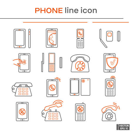 Vector image. Set of line icons on the theme of phone. Black and red outline sign.のイラスト素材