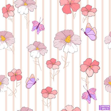 Pink delicate flowers with butterflies on a white striped background.のイラスト素材